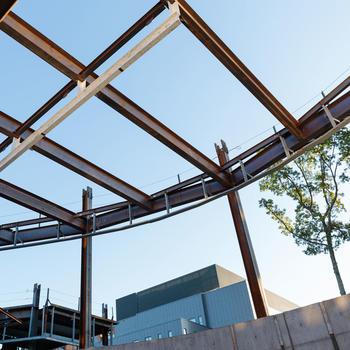 Internal steel structure of Horzion Hall under construction. Intended to depict the foundational aspect of funding access to graduate students.