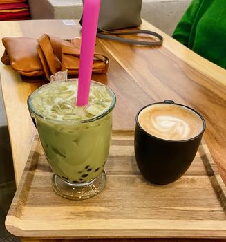Matcha boba and a latte from Chateau de Chantilly Cafe
